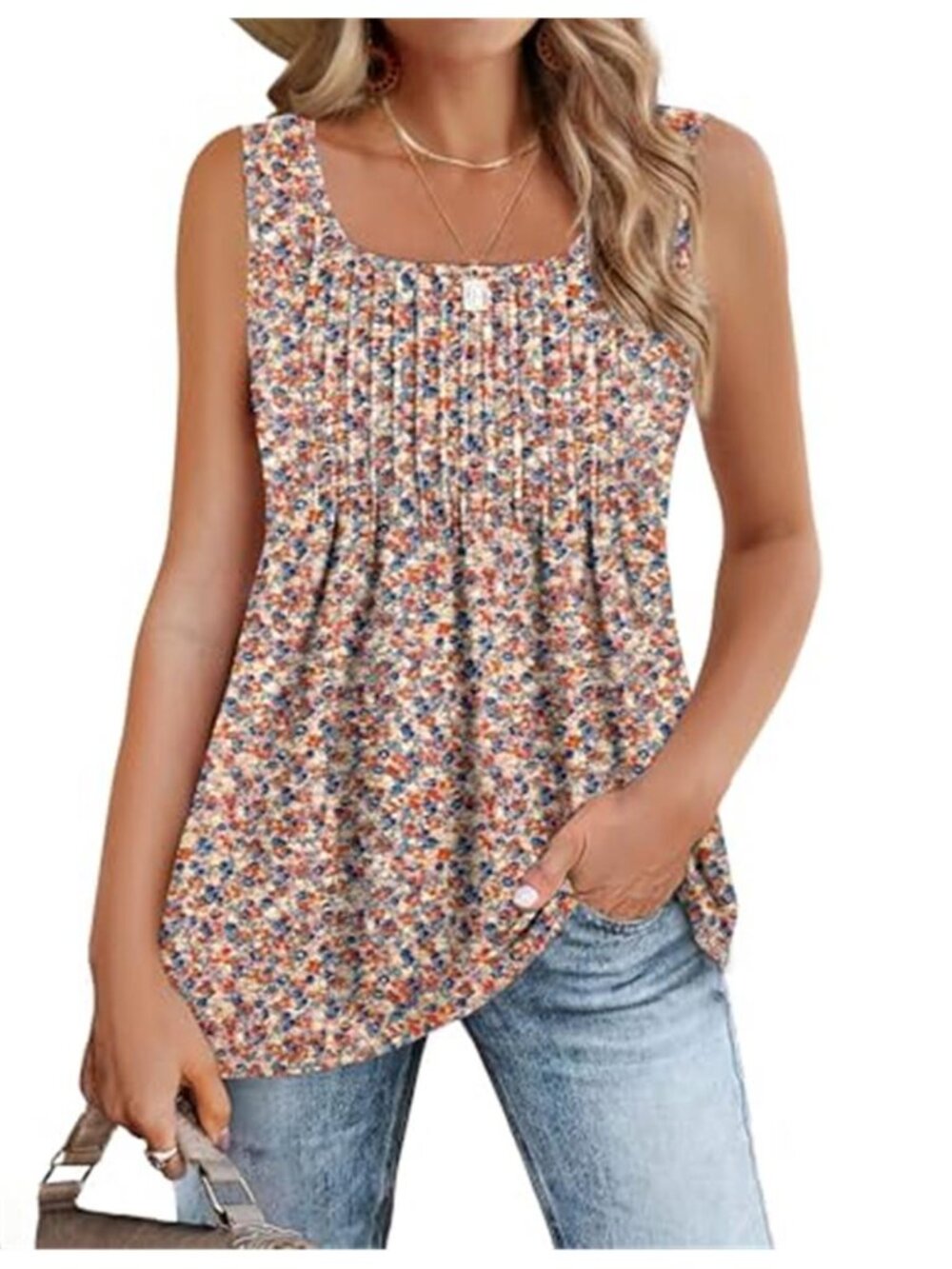 Women's Floral Pleated Square Neck Sleeveless Tunic Tank Top